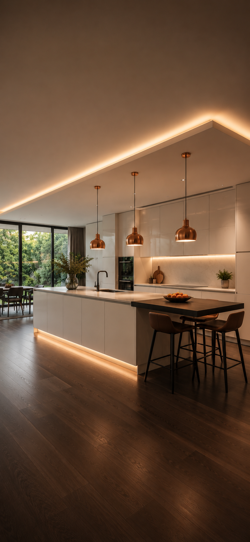 Modern open-plan kitchen with white island, copper pendant lights, warm ceiling glow, dark floor, and large windows.