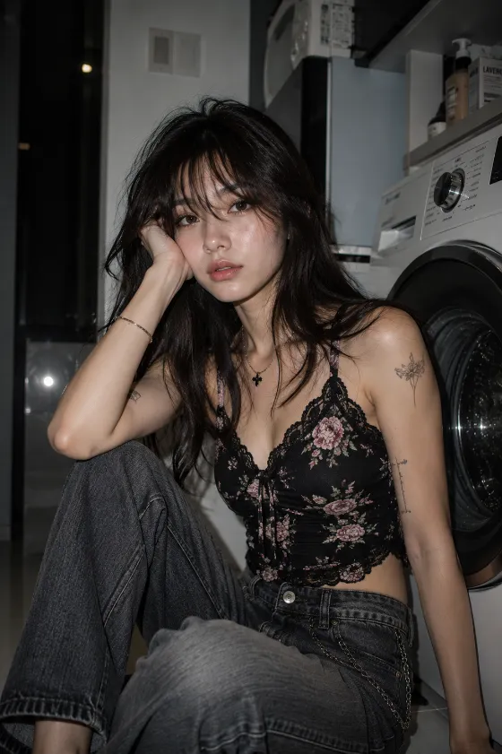 Editorial portrait of a fashion subject seated beside a washing machine wearing a black floral camisole and charcoal denim under direct flash lighting.
