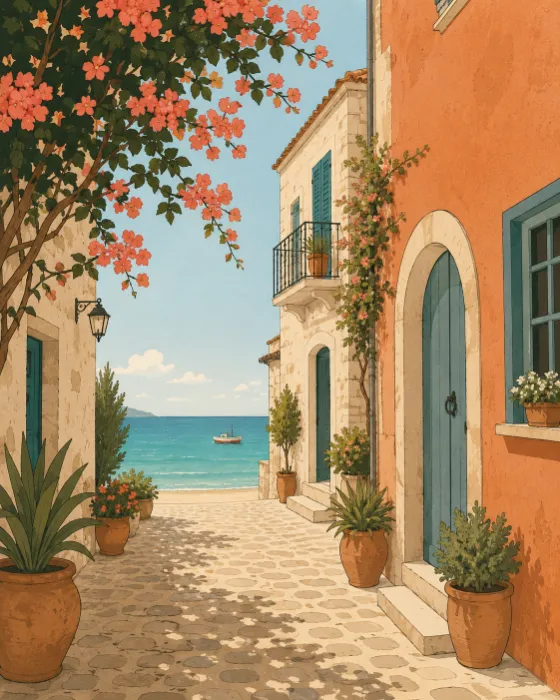 Clean editorial illustration of a Mediterranean seaside alley with teal doors, terracotta walls, plants, turquoise sea, and a small boat.