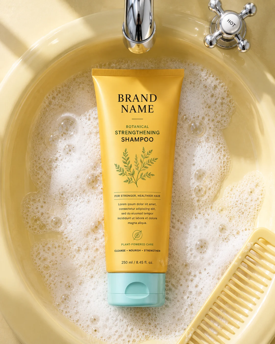 Overhead view of a yellow botanical shampoo tube in a pastel sink with white foam and chrome faucet.