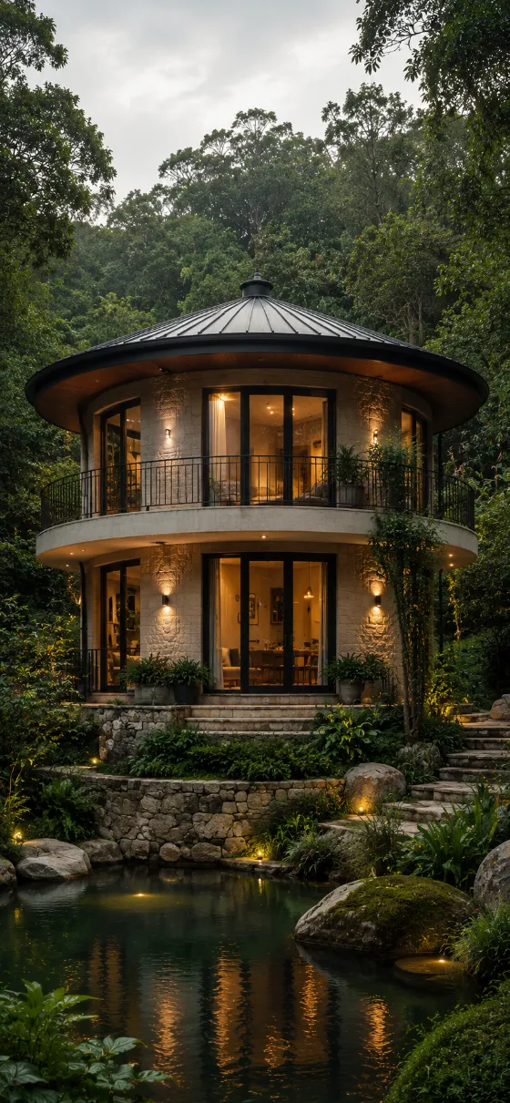 Modern round garden villa with curved stone walls, dark roof, warm lights, glass windows, forest greenery, stone steps, and pond reflections.