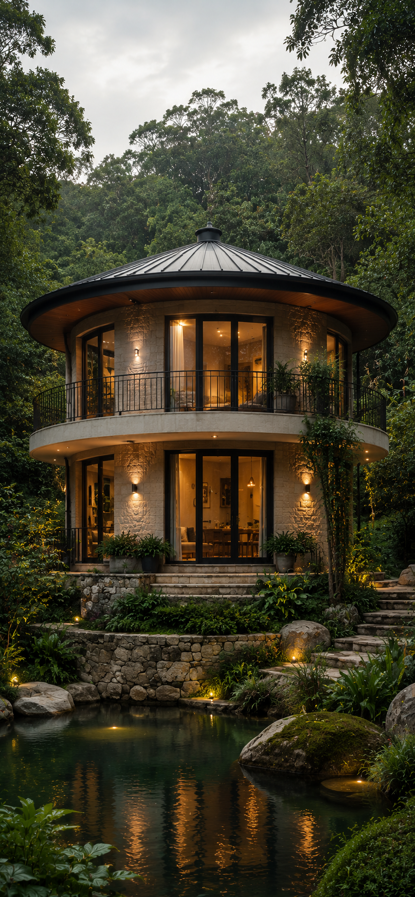 Modern round garden villa with curved stone walls, dark roof, warm lights, glass windows, forest greenery, stone steps, and pond reflections.