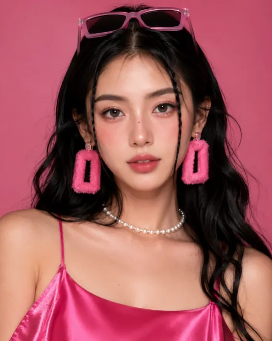 Fashion beauty portrait with pink accessories against a monochrome pink backdrop.