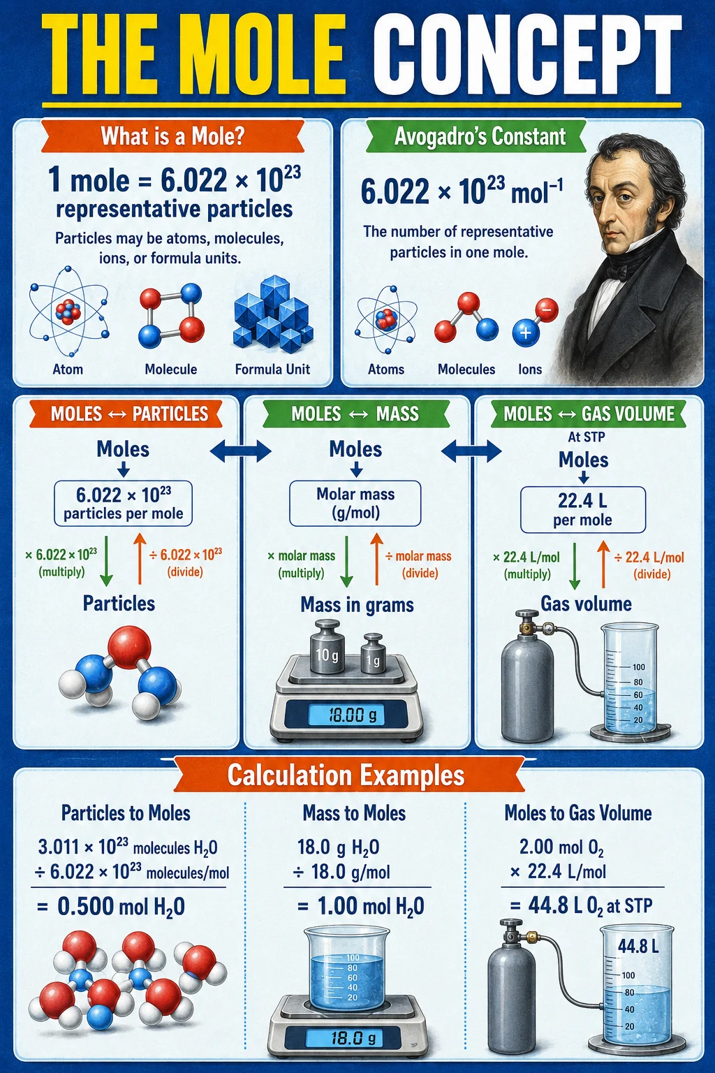 Educational mole concept infographic with Avogadro’s constant, conversion formulas, molecular illustrations, and laboratory examples.