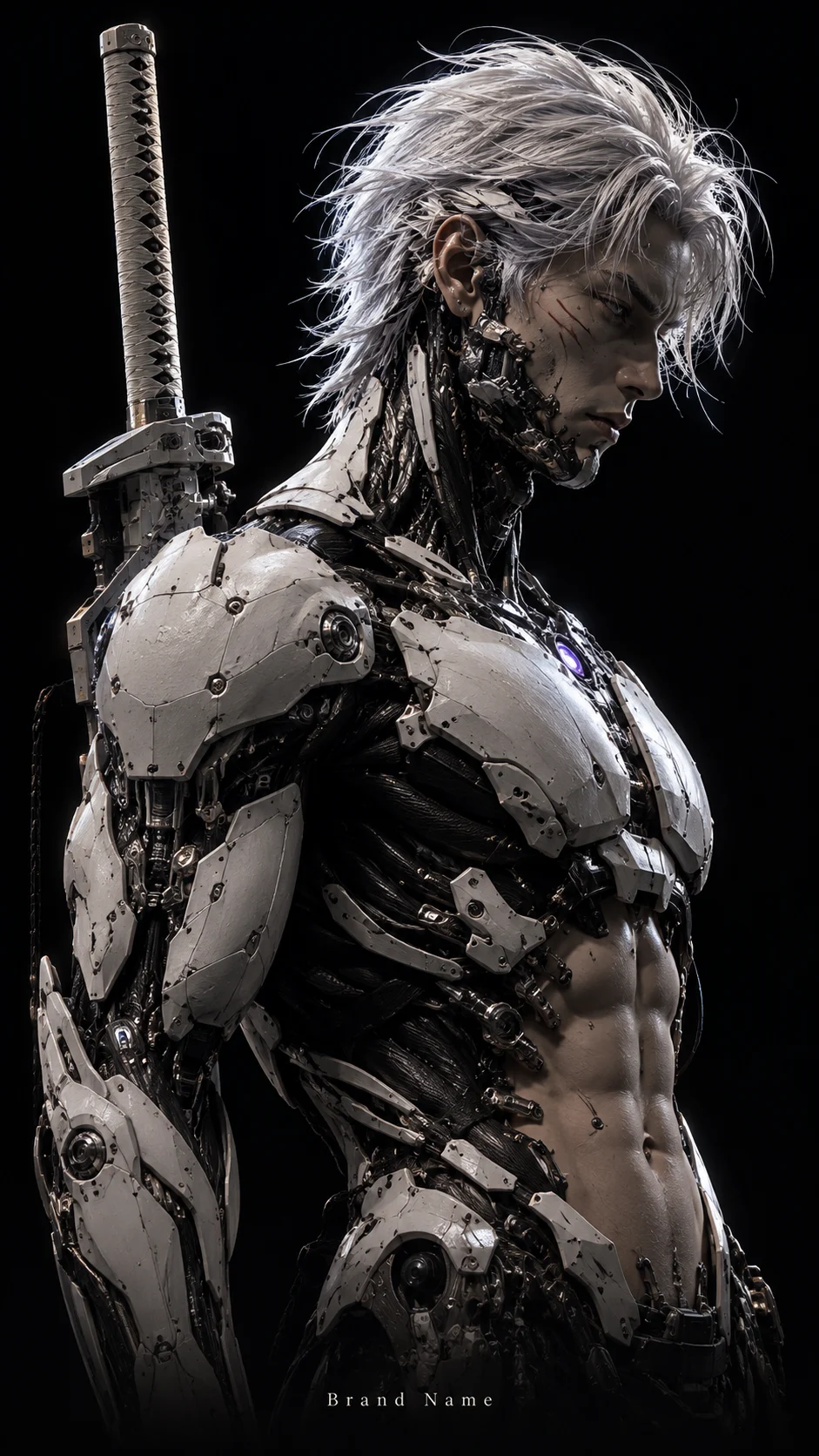 Original cybernetic swordsman with white mechanical armor, silver hair, and a vertical sword against a black background.