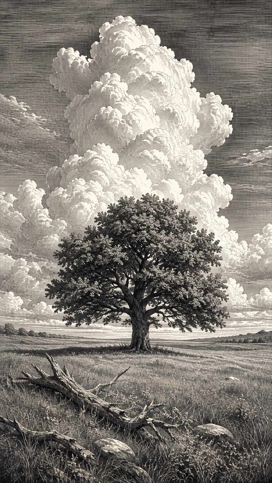 Black-and-white engraved landscape with a mature tree, huge layered clouds, textured meadow, and fallen branch in the foreground.