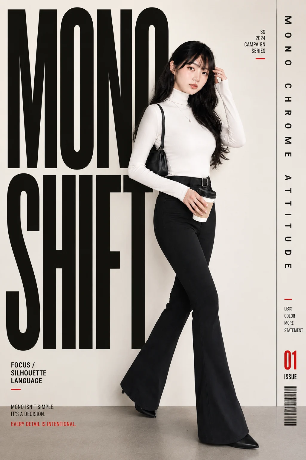 poster typography, product ad, studio portrait, fashion portrait, woman, shown with poster-style visual styling.