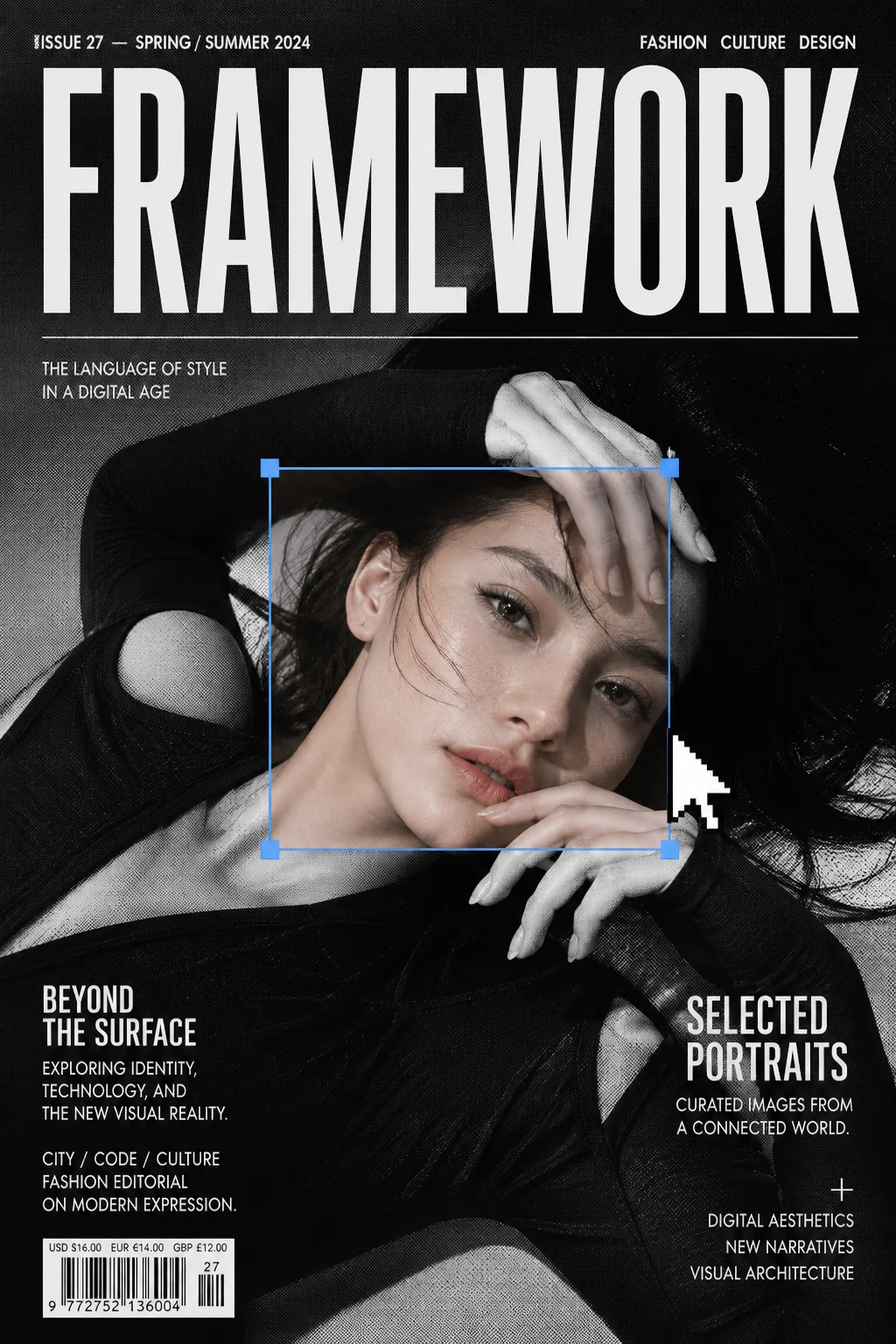 Monochrome fashion magazine cover with a reclining portrait, bold white masthead, halftone dots, editorial text, barcode, blue selection box, and pixel cursor.