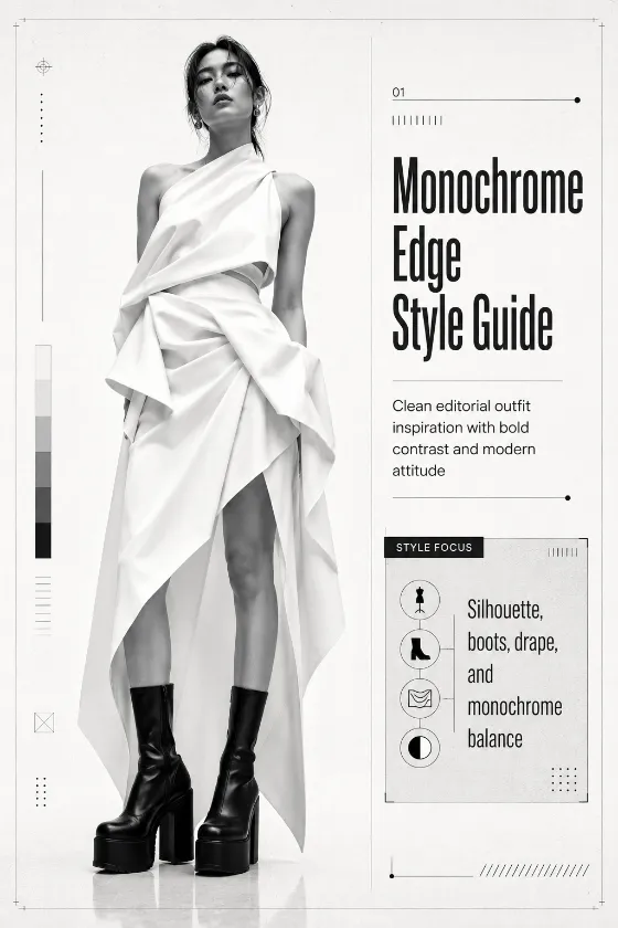 Vertical monochrome fashion guide card with a full-body hero figure, clean headline type, white, and compact styling cue block.