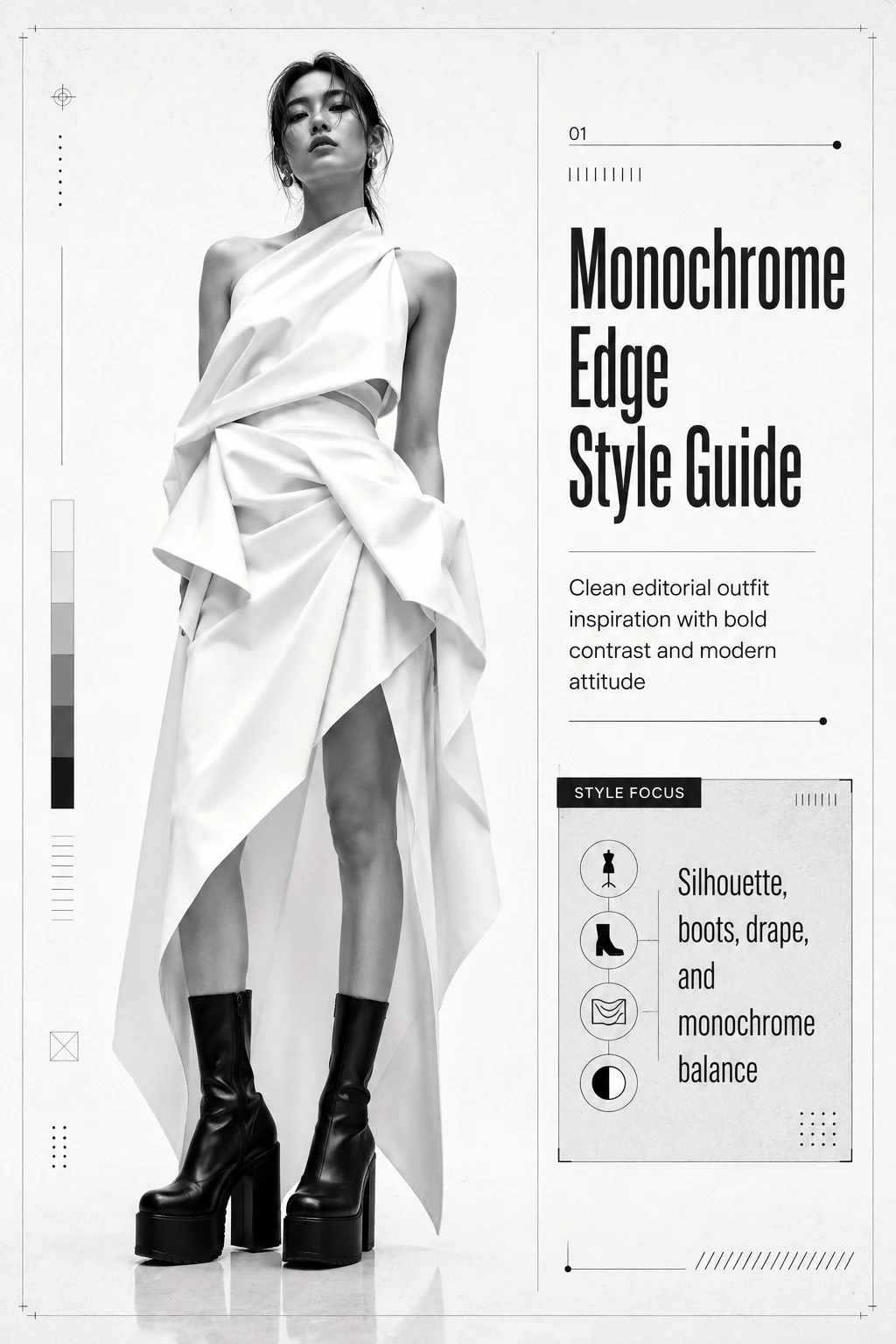 Vertical monochrome fashion guide card with a full-body hero figure, clean headline type, white, and compact styling cue block.
