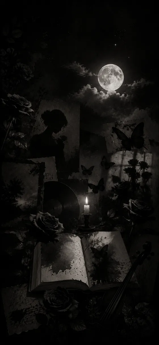 Monochrome gothic collage wallpaper with dark roses, butterflies, moonlit clouds, and poetic shadow imagery.