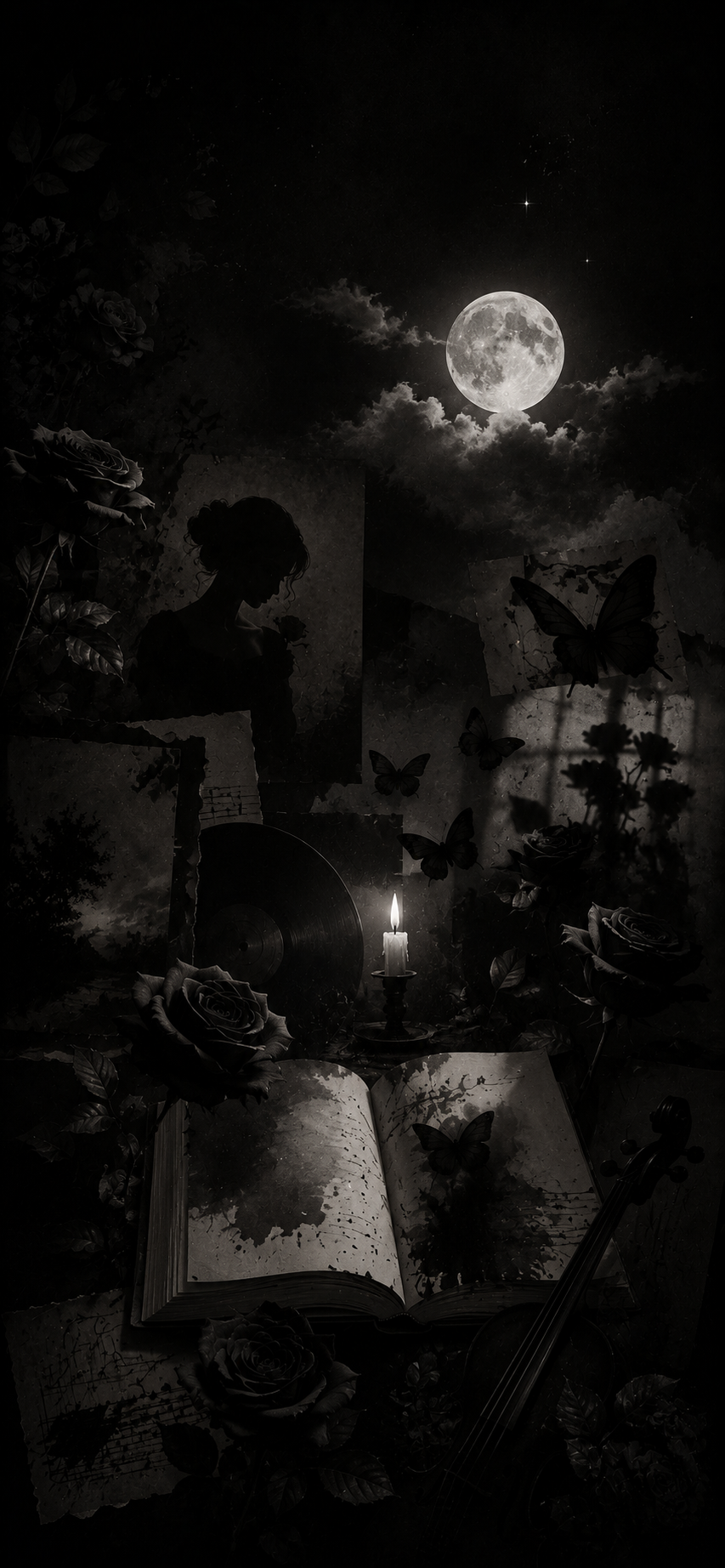 Monochrome gothic collage wallpaper with dark roses, butterflies, moonlit clouds, and poetic shadow imagery.