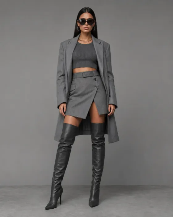 Polished gray tailored studio fashion look with sunglasses, wrap mini skirt, and tall dark boots.