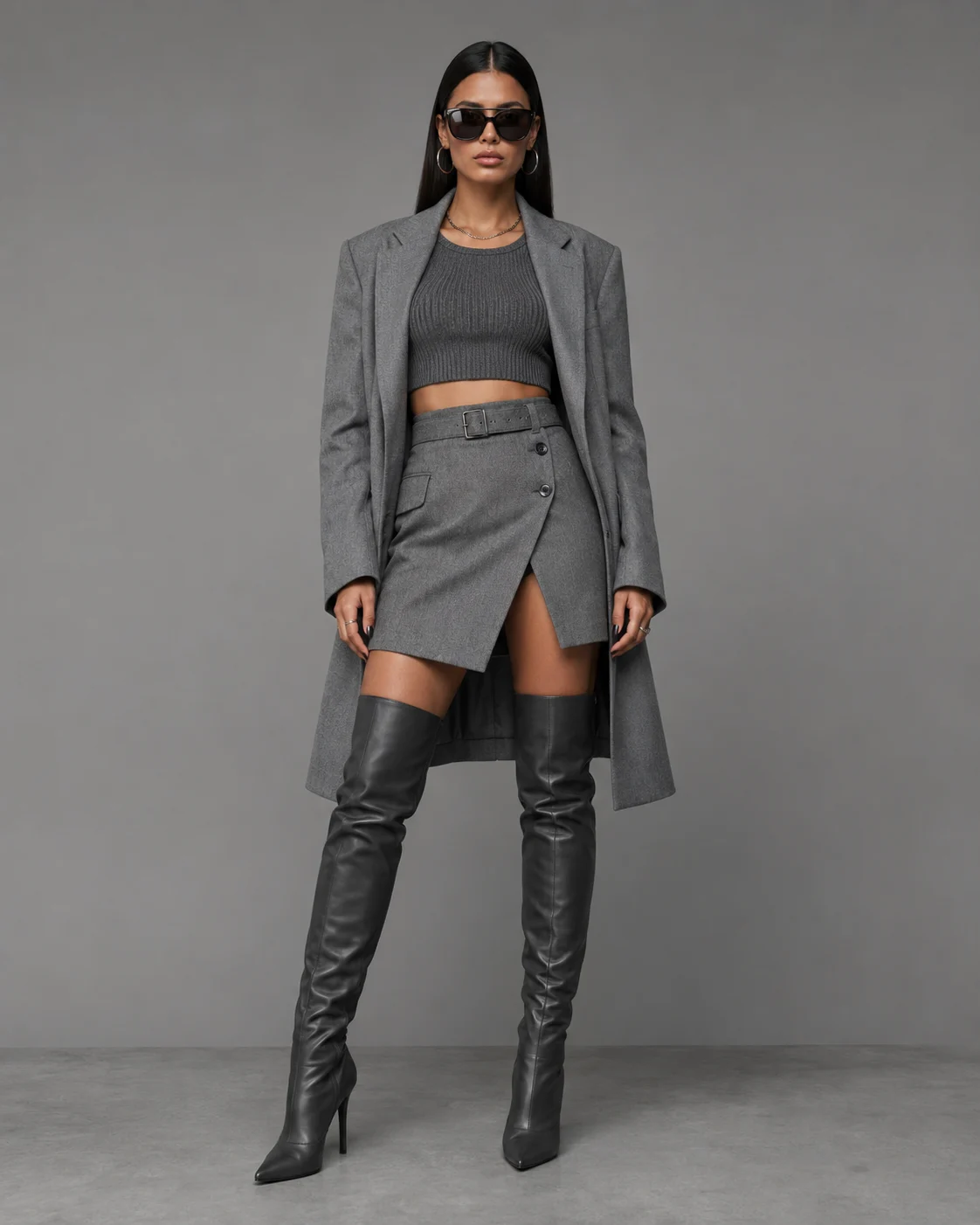 Polished gray tailored studio fashion look with sunglasses, wrap mini skirt, and tall dark boots.