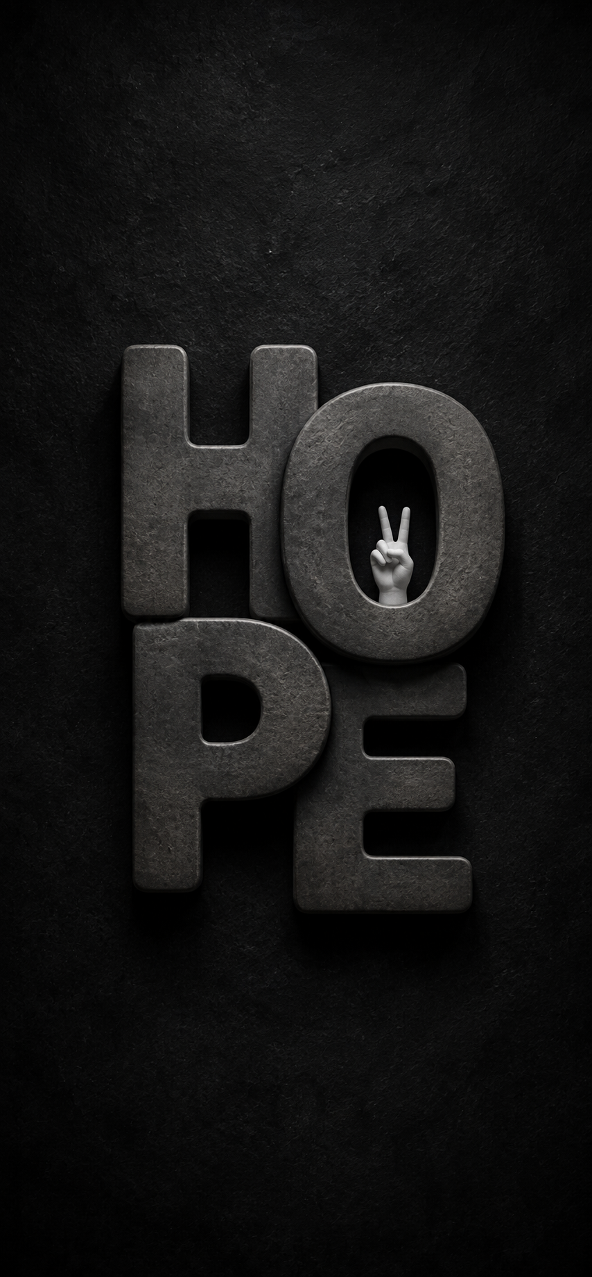 Dark portrait wallpaper with gray HOPE letters and a small white peace-sign hand inside the O.