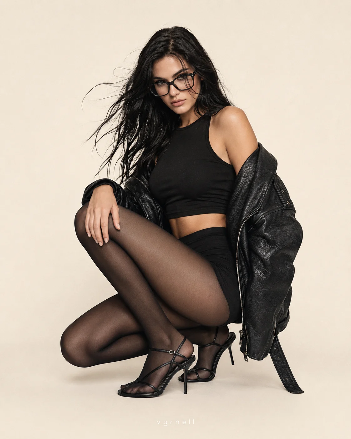 Woman in oversized black leather, fitted separates and sheer tights holding a compact crouched pose against a seamless warm-ivory studio.