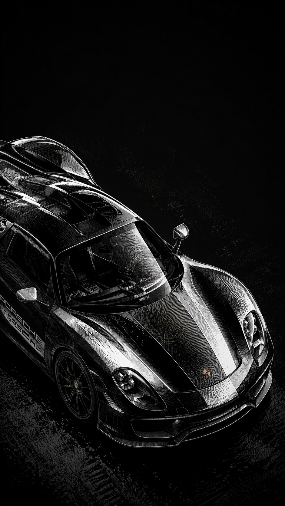 Black luxury sports car in monochrome etched detail against a dark background for a premium phone lock screen.