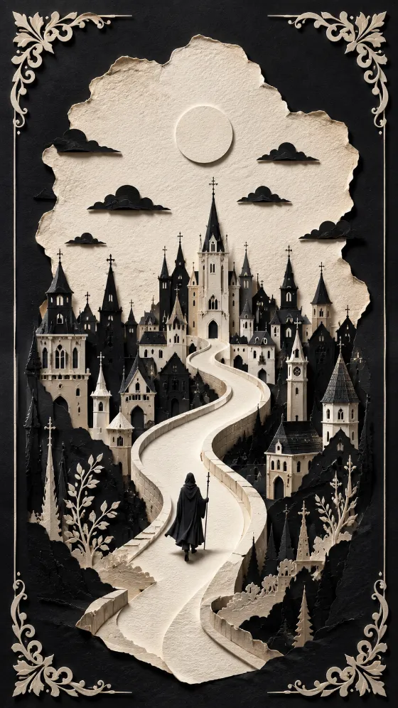 Layered monochrome paper relief artwork of a fantasy city, winding road, raised moon, and tiny cloaked traveler, with ornamental corner flourishes.