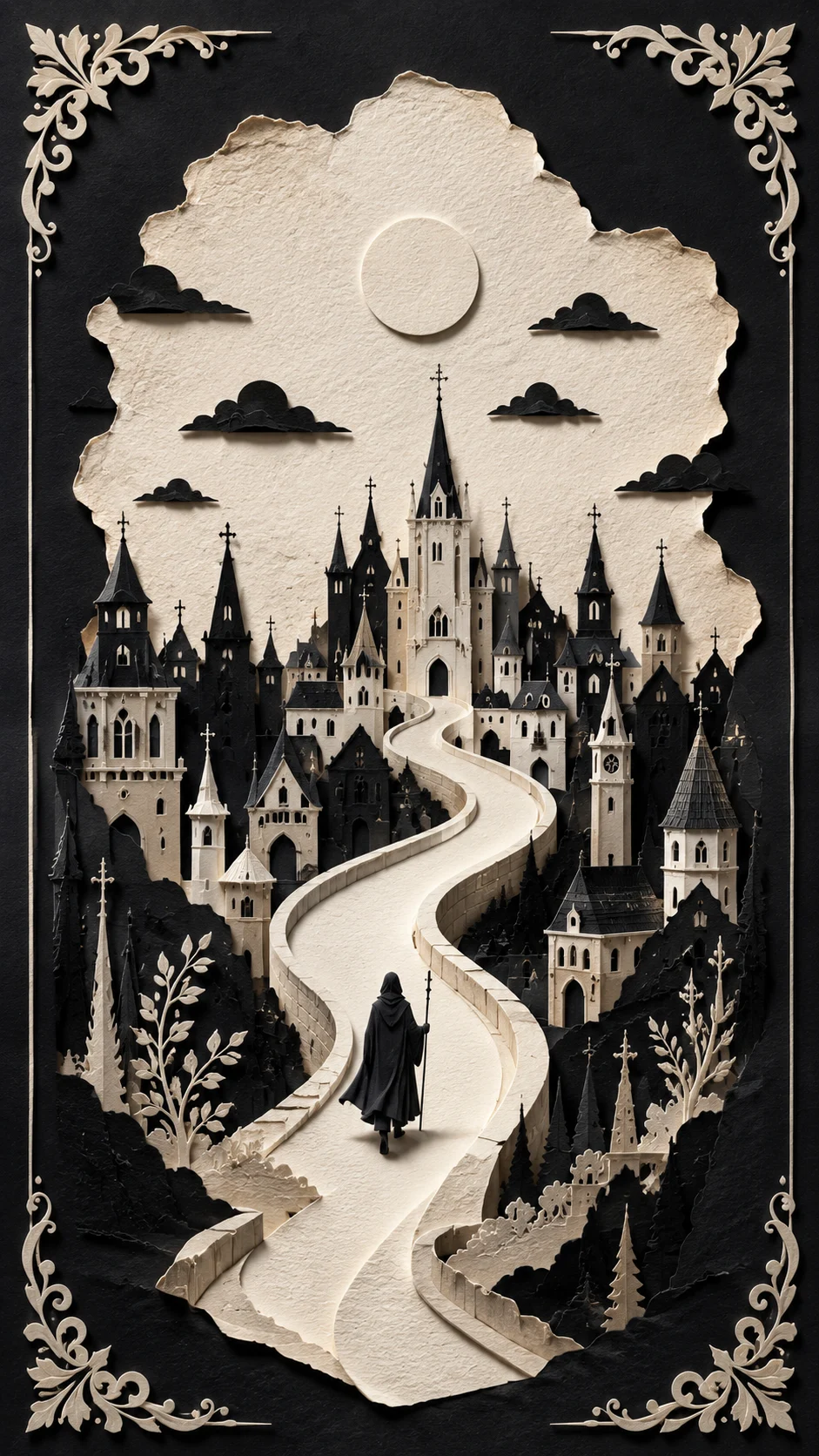 Layered monochrome paper relief artwork of a fantasy city, winding road, raised moon, and tiny cloaked traveler, with ornamental corner flourishes.