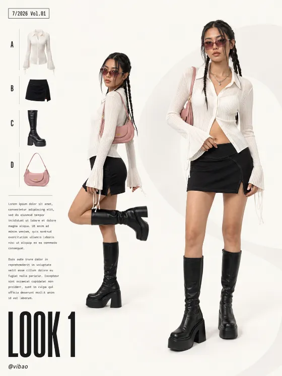 Editorial fashion layout showing two full-body poses, a garment index and a black, white and dusty-pink outfit palette.