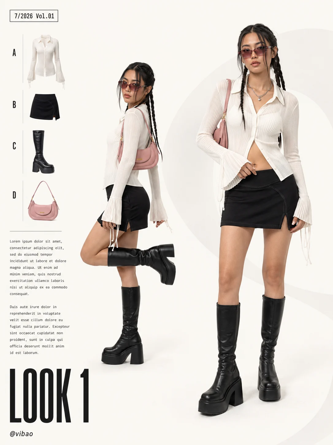 Editorial fashion layout showing two full-body poses, a garment index and a black, white and dusty-pink outfit palette.