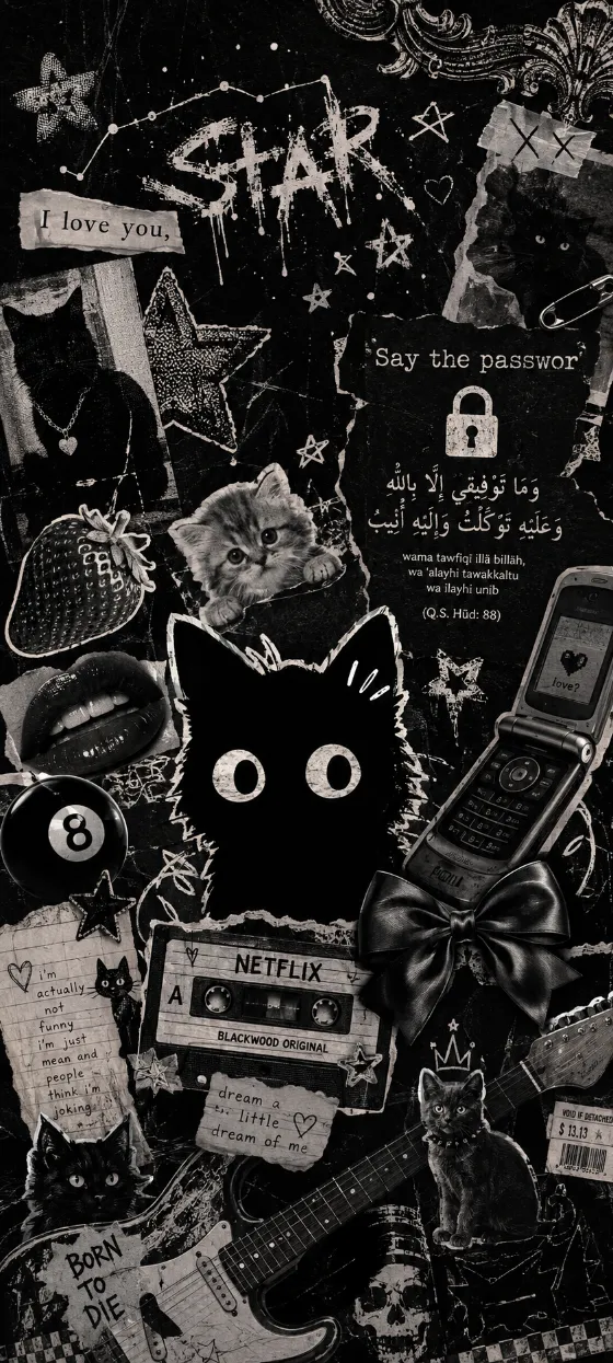 Monochrome punk scrapbook phone wallpaper with a large dark cat, cassette, guitar, stickers, gothic ornaments, and distressed collage textures.