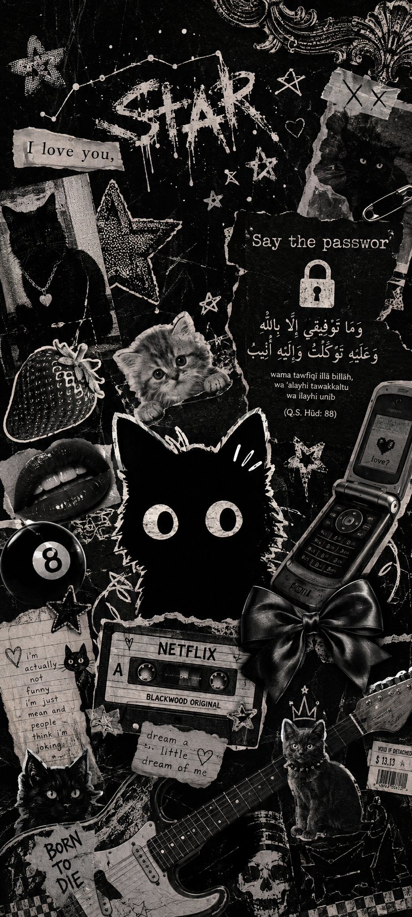 Monochrome punk scrapbook phone wallpaper with a large dark cat, cassette, guitar, stickers, gothic ornaments, and distressed collage textures.