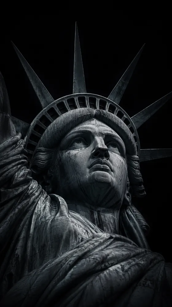Monochrome close-up of the Statue of Liberty viewed from below against a nearly black background