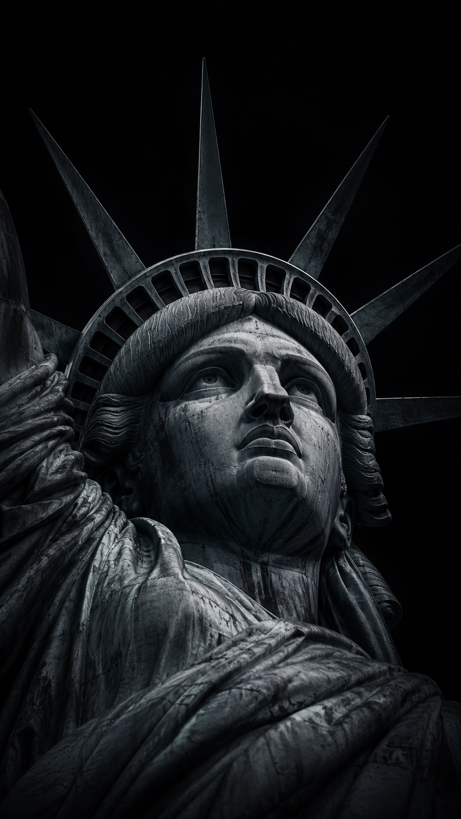 Monochrome close-up of the Statue of Liberty viewed from below against a nearly black background
