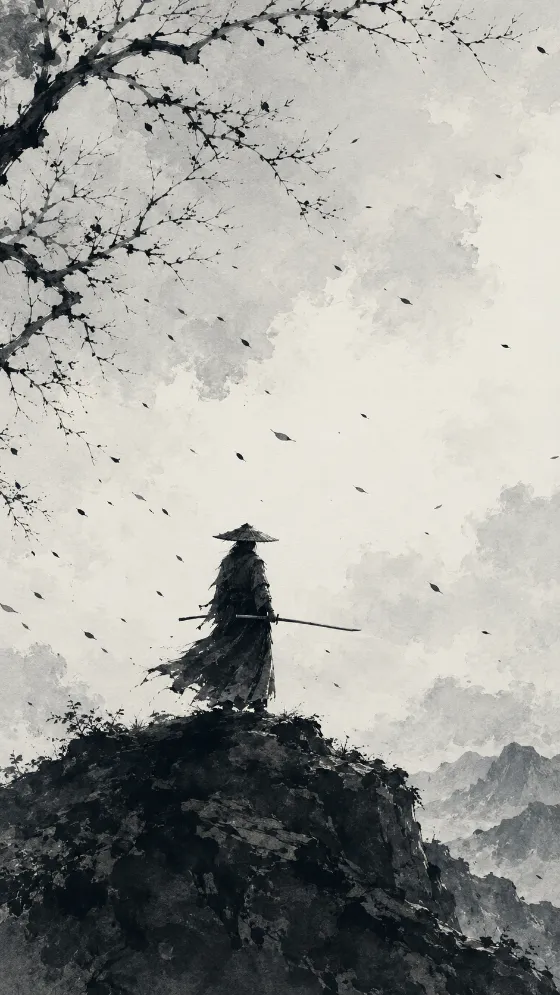 Monochrome phone wallpaper of a solitary robed swordsman on a rocky ridge beneath a pale ink-wash sky.