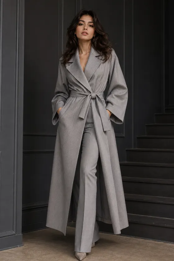 Vertical editorial fashion image of a young Middle Eastern-European woman in monochrome gray tailoring inside a dark elegant interior.