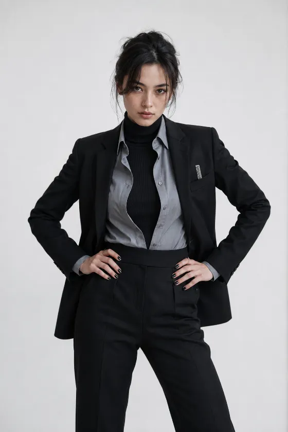 Minimal studio editorial showing layered monochrome tailoring, a loose dark updo, direct gaze, and a strong hands-on-hips pose.