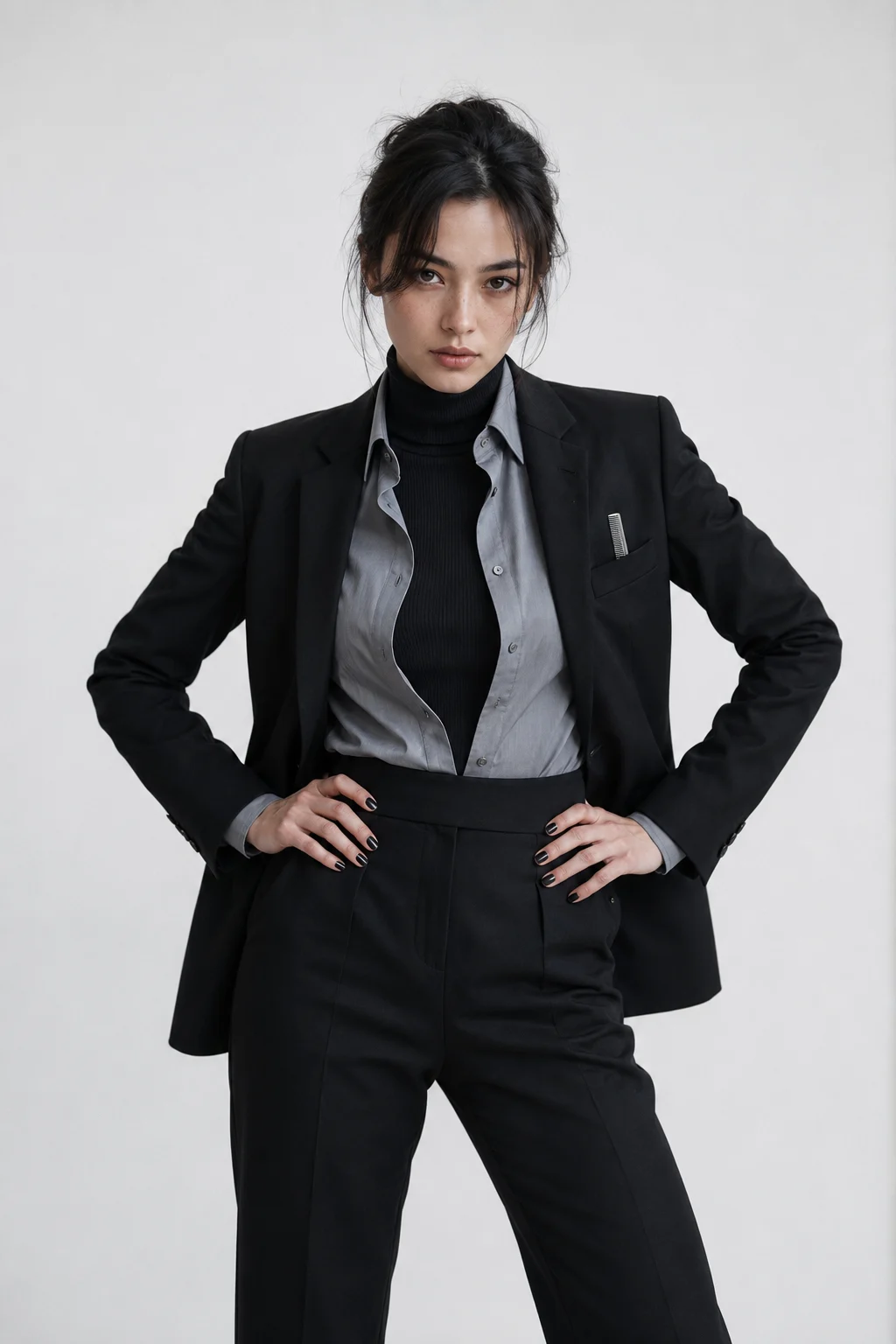 Minimal studio editorial showing layered monochrome tailoring, a loose dark updo, direct gaze, and a strong hands-on-hips pose.