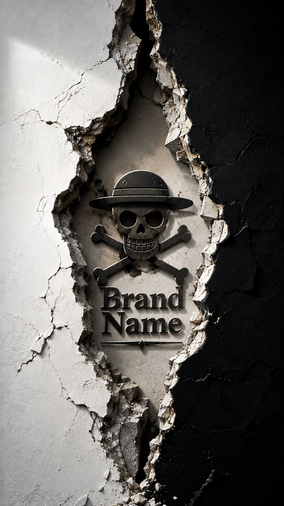 Sculptural monochrome poster with torn plaster walls, a nautical skull emblem, and dramatic central composition.