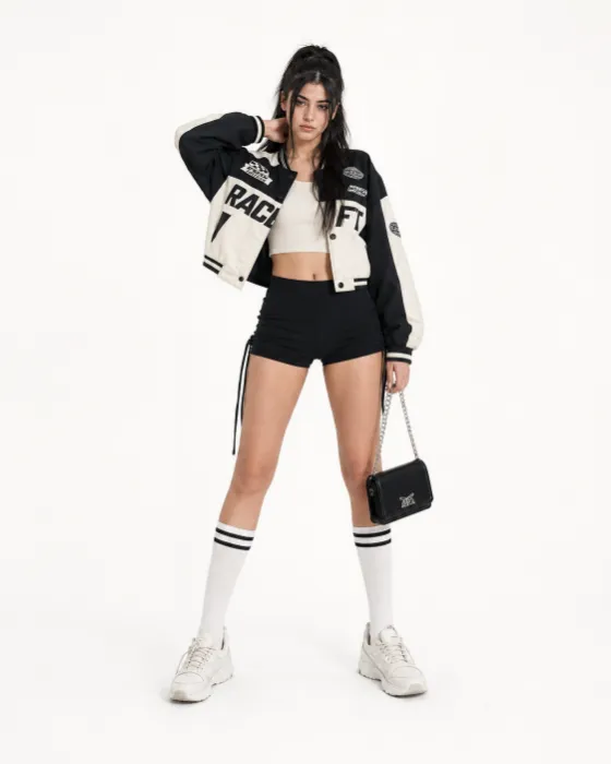 Woman posing frontally in monochrome varsity streetwear with knee socks, chunky sneakers and a black mini bag against a white studio background.