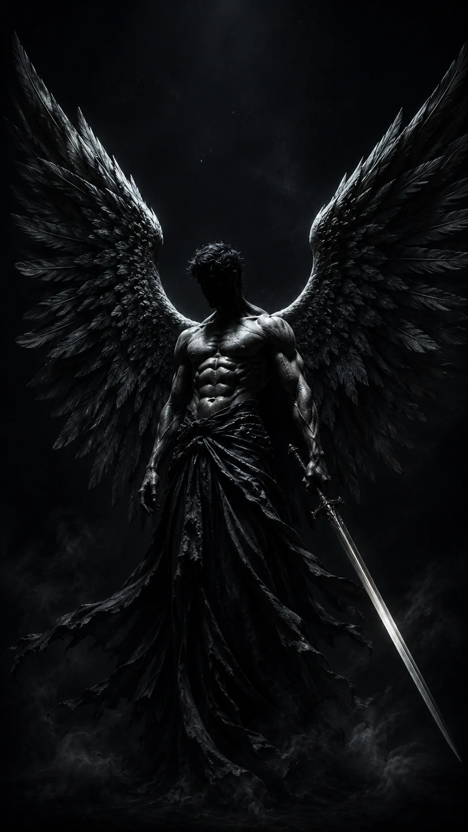Monochrome winged warrior with huge feathered wings, dark draped fabric, and a sword.