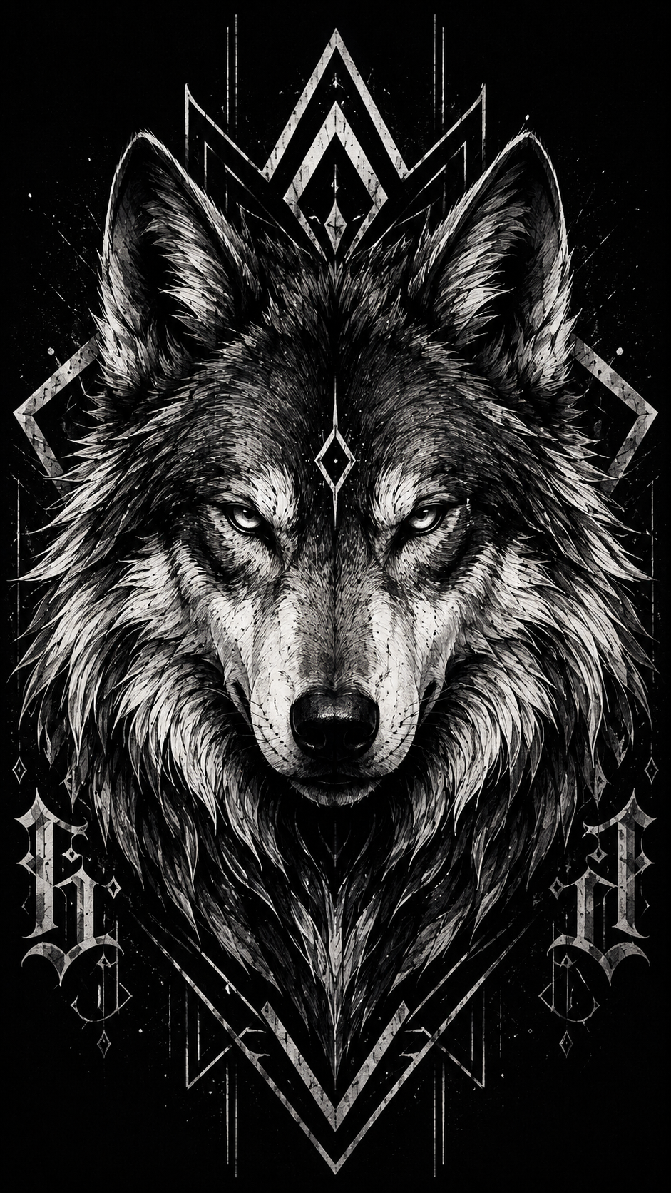 Symmetrical black-and-white wolf head with geometric crest and central diamond on a dark background.