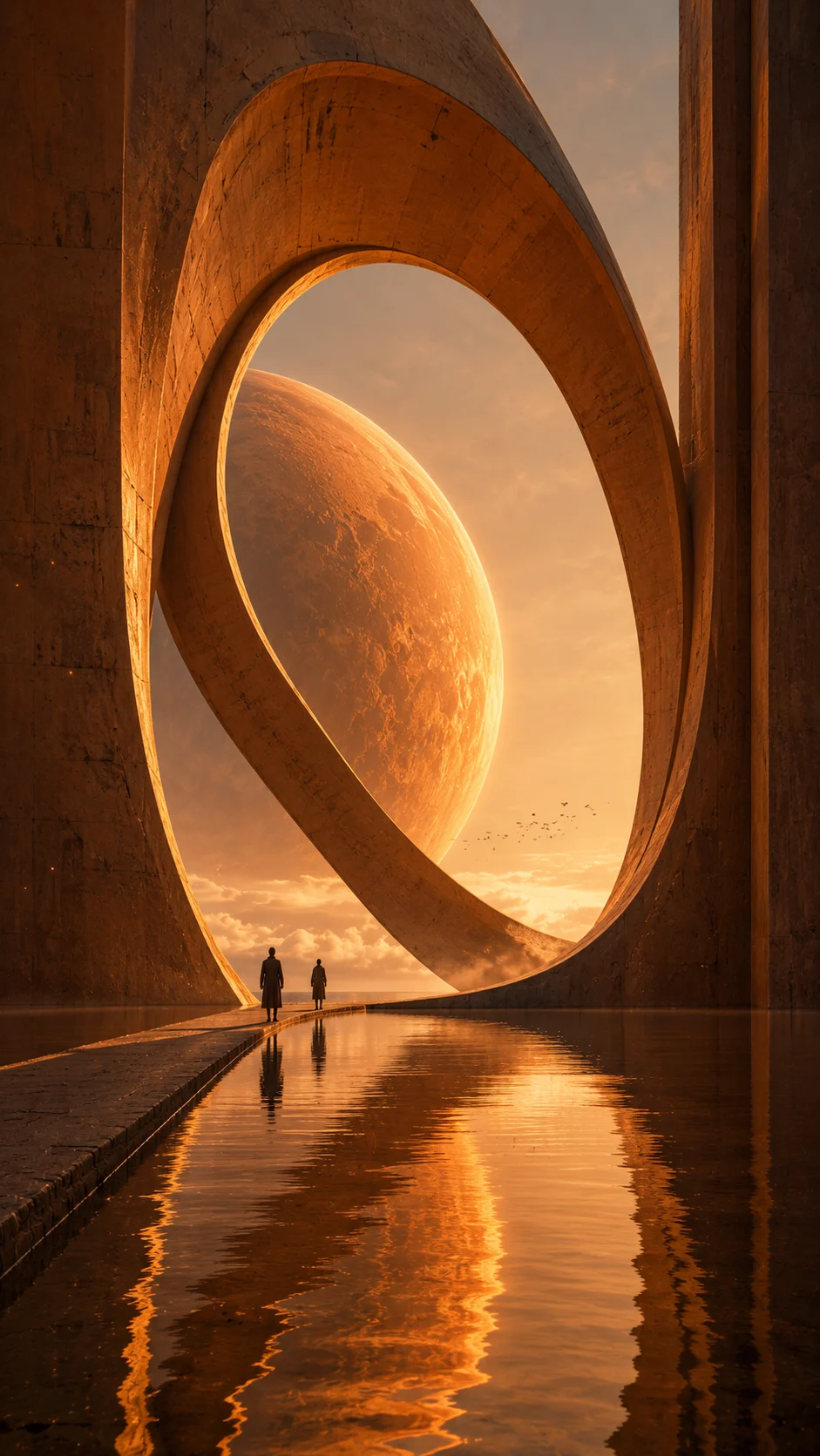 Two tiny figures stand inside a giant looping stone portal with an amber planet and reflective water.