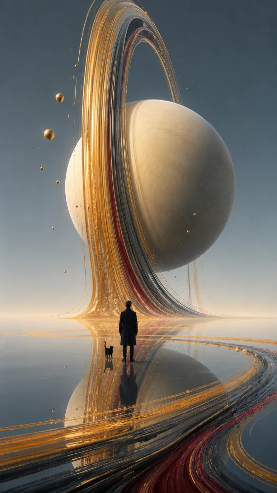 Distant observer and black cat beneath a monumental golden ring and pale planet on a reflective plain.