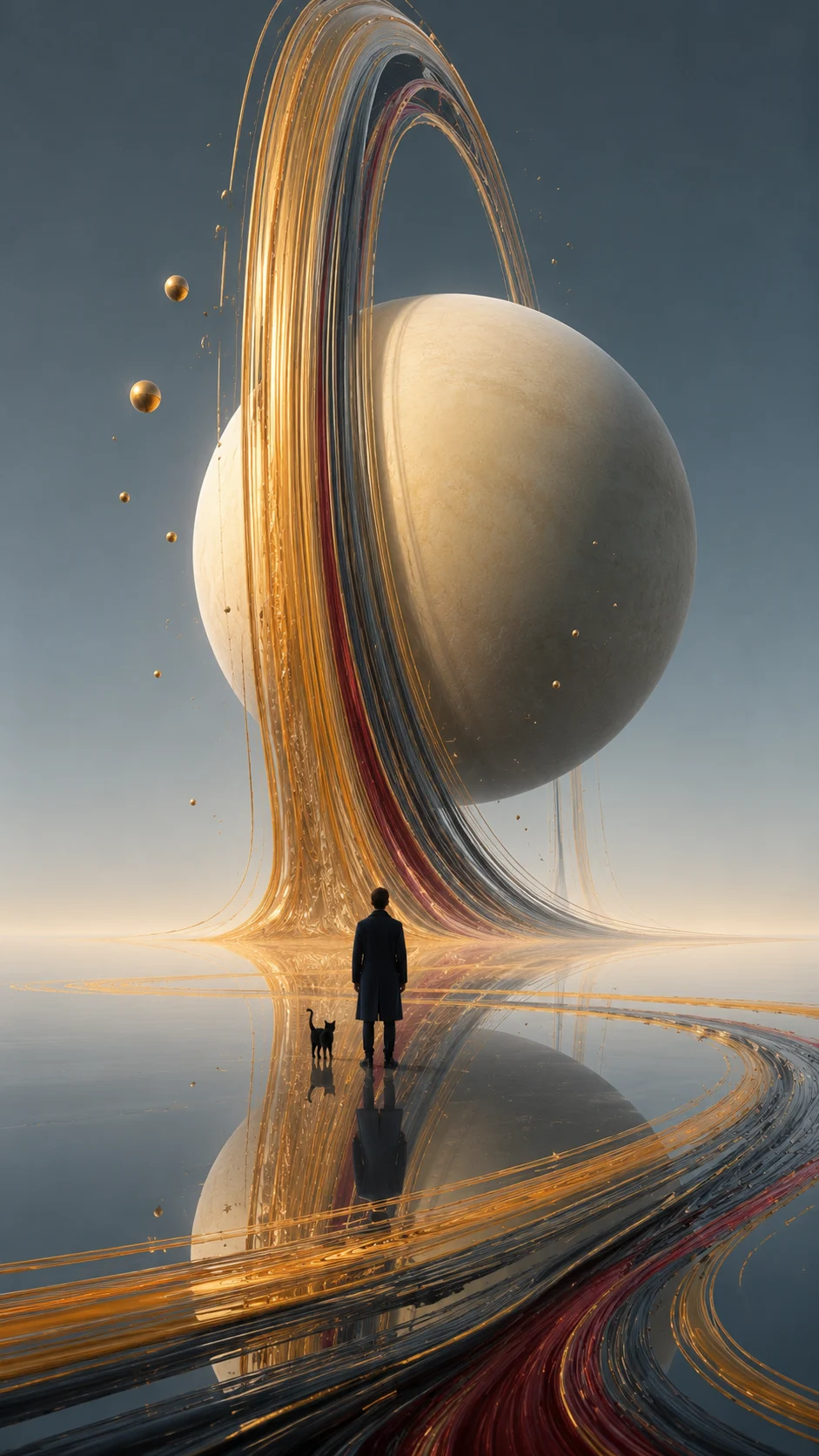 Distant observer and black cat beneath a monumental golden ring and pale planet on a reflective plain.