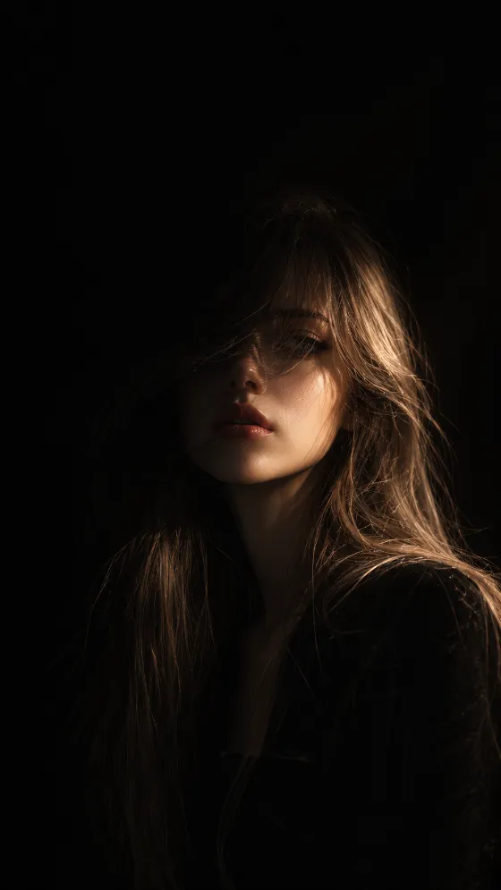 Moody portrait of a woman with long light-brown hair partially illuminated against a nearly black background.