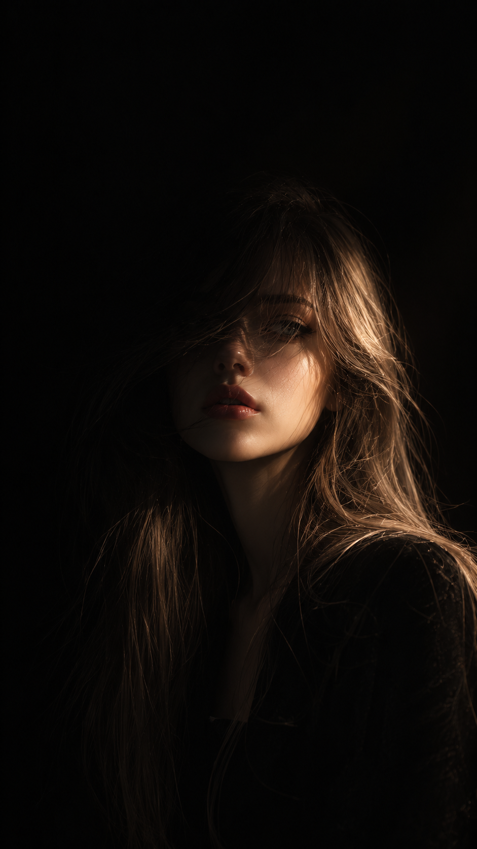 Moody portrait of a woman with long light-brown hair partially illuminated against a nearly black background.