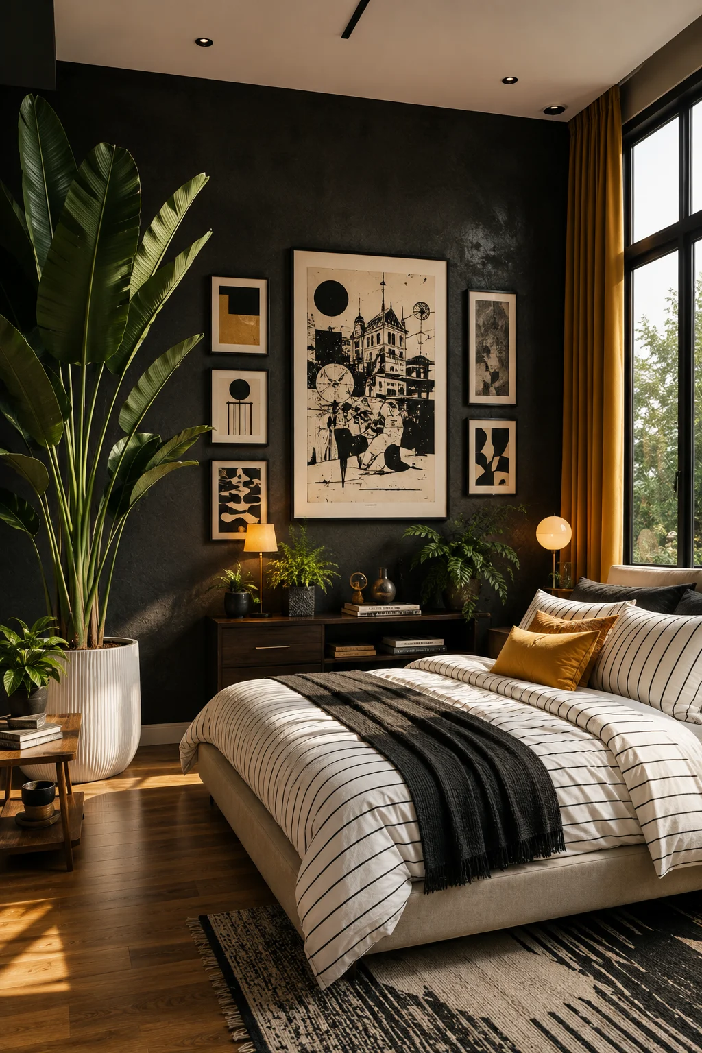 Contemporary dark bedroom with striped bedding, mustard curtains, tropical plant, framed artwork, and warm lighting.
