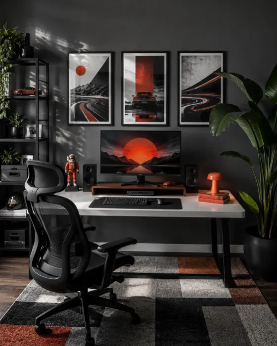 Dark gray home office with white desk, black ergonomic seat, framed graphic art, orange lamp, open shelving, large plant, and patterned rug.