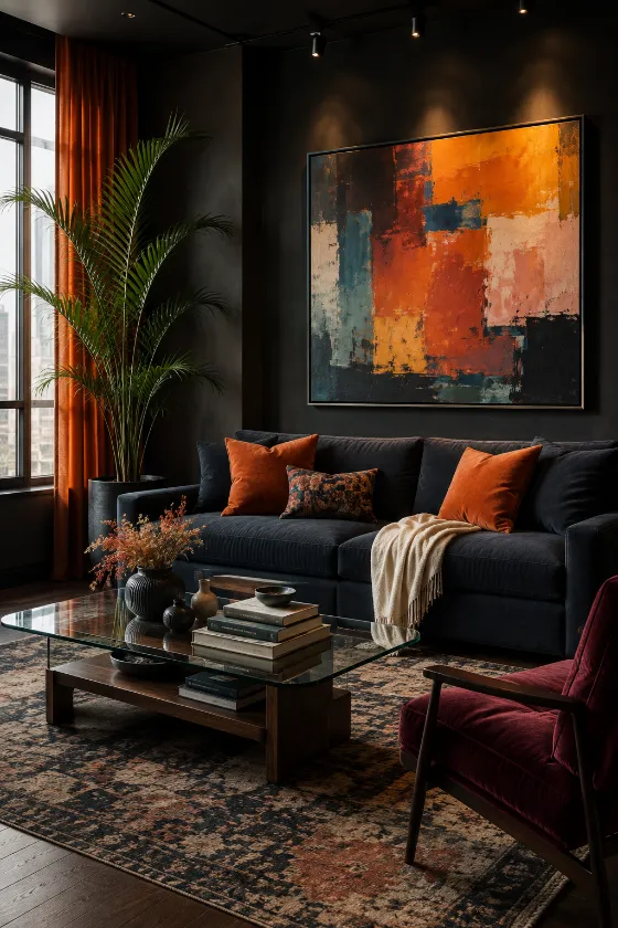 Moody contemporary living room with charcoal sofa, orange curtains, colorful abstract artwork, palm plant, wood coffee table, and patterned rug.