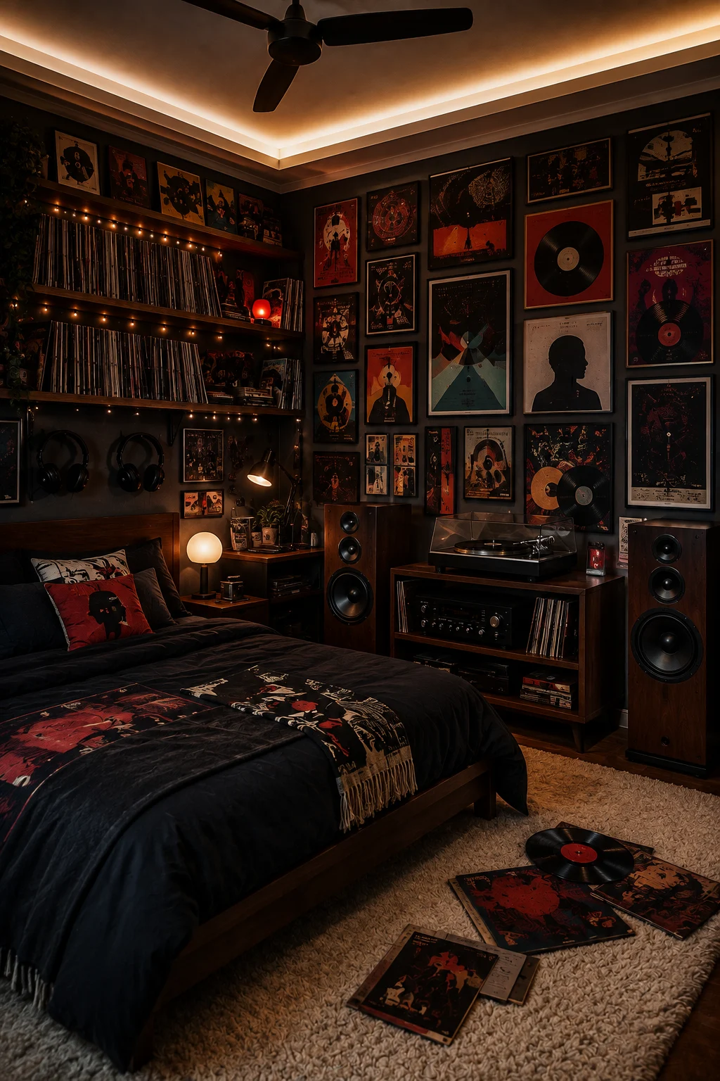 Moody music bedroom with a low walnut bed, vinyl shelves, framed artwork, large speakers, and warm amber lighting.