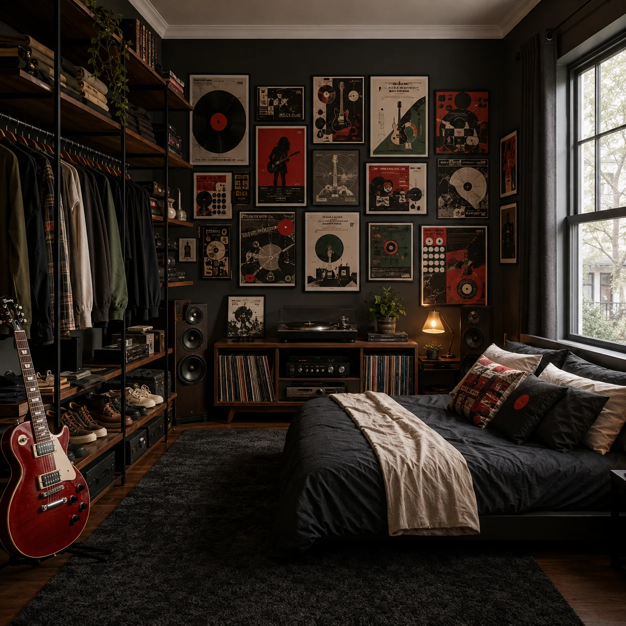 Moody music-themed bedroom with a dark bed, vinyl record console, red electric guitar, open wardrobe, framed artwork, and charcoal walls.