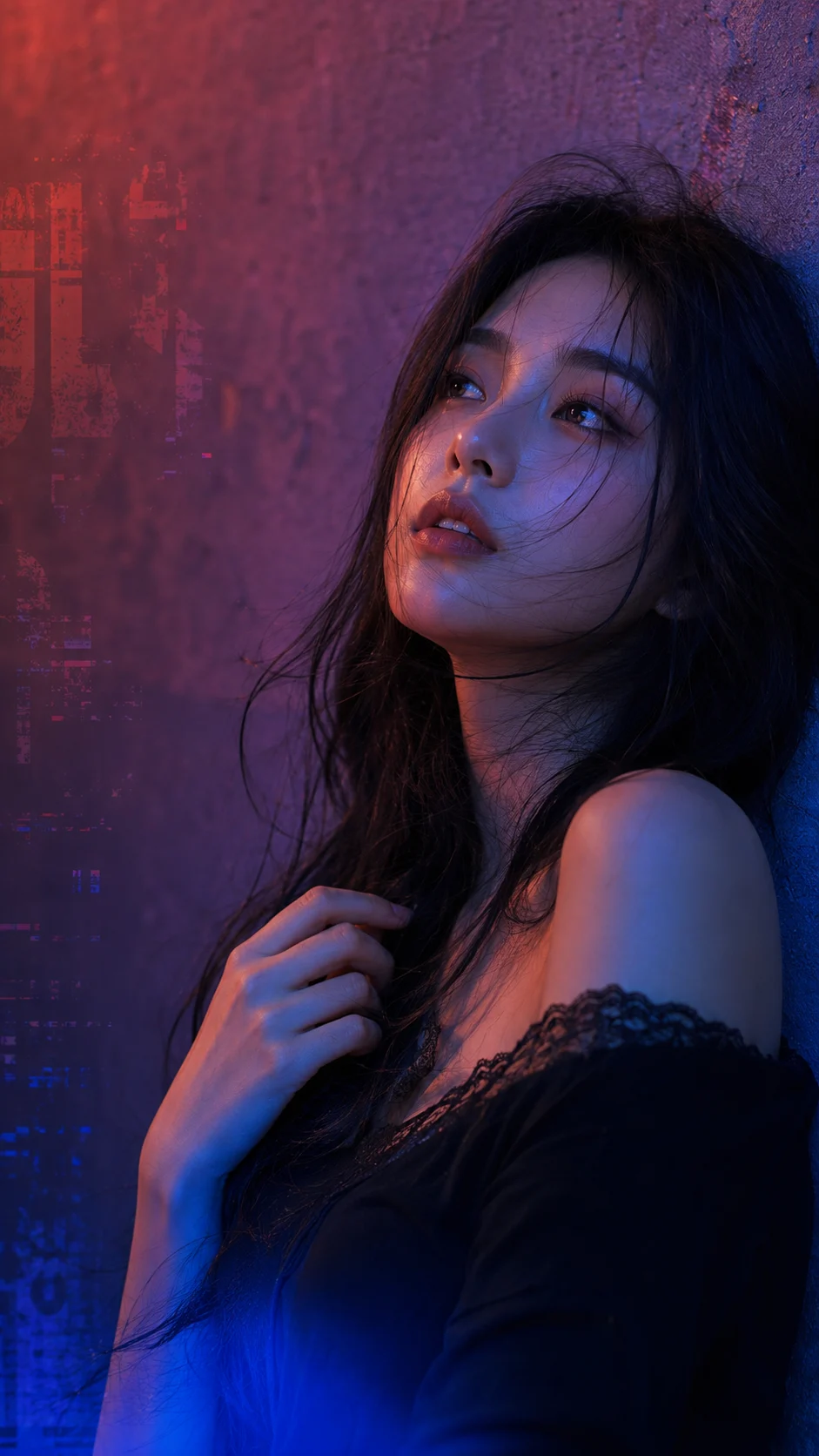 woman in studio, shown with smartphone-style photo styling.