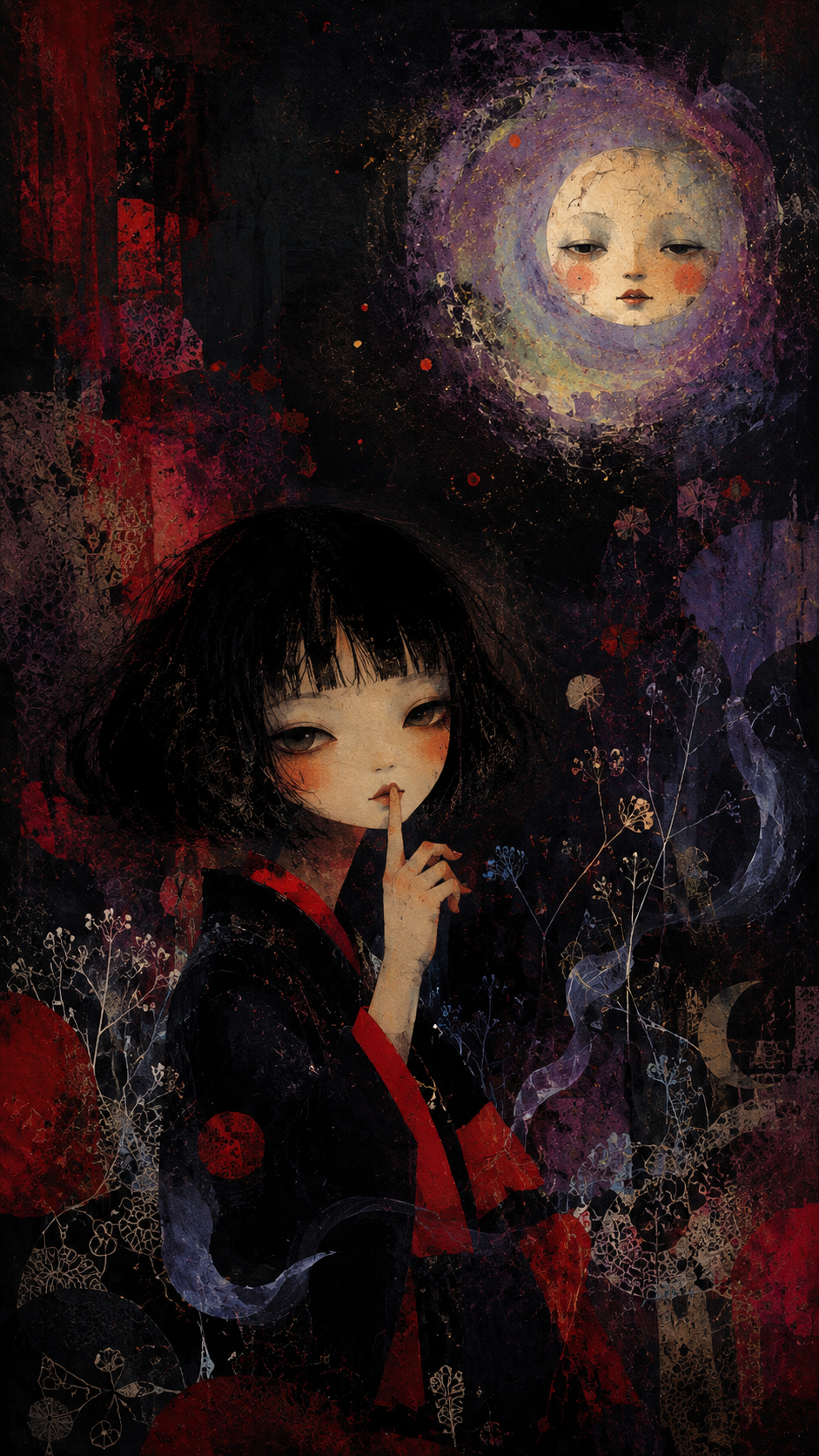 Surreal phone wallpaper with a doll-like girl in black and red beneath a glowing moon face in a dark cosmic painted scene.