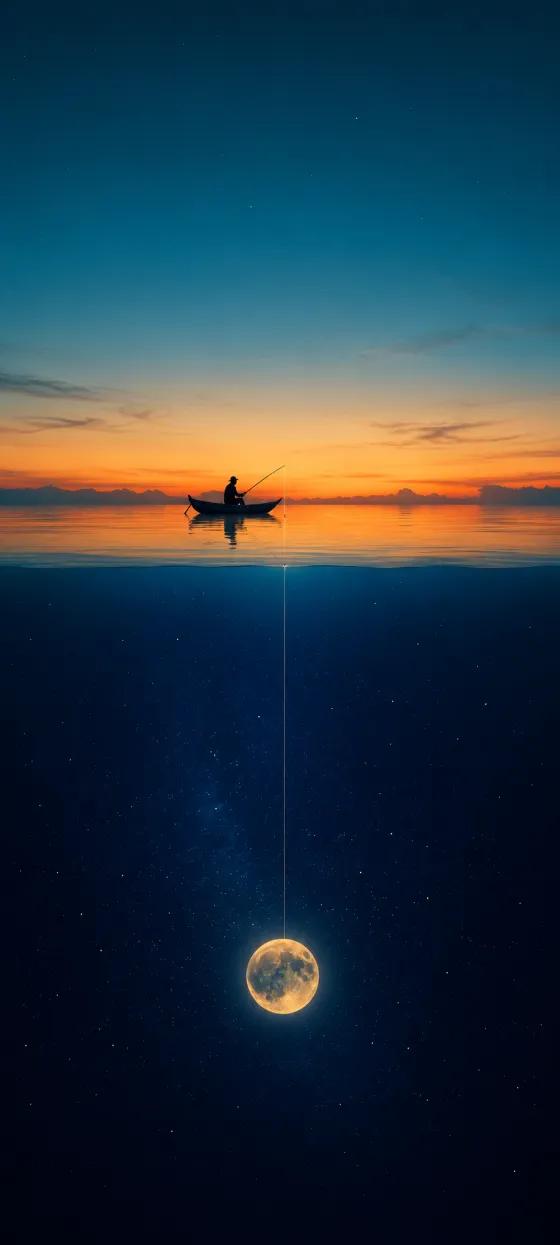 Minimal surreal wallpaper with a silhouetted fisherman in a boat fishing toward a glowing moon in a deep blue star field.